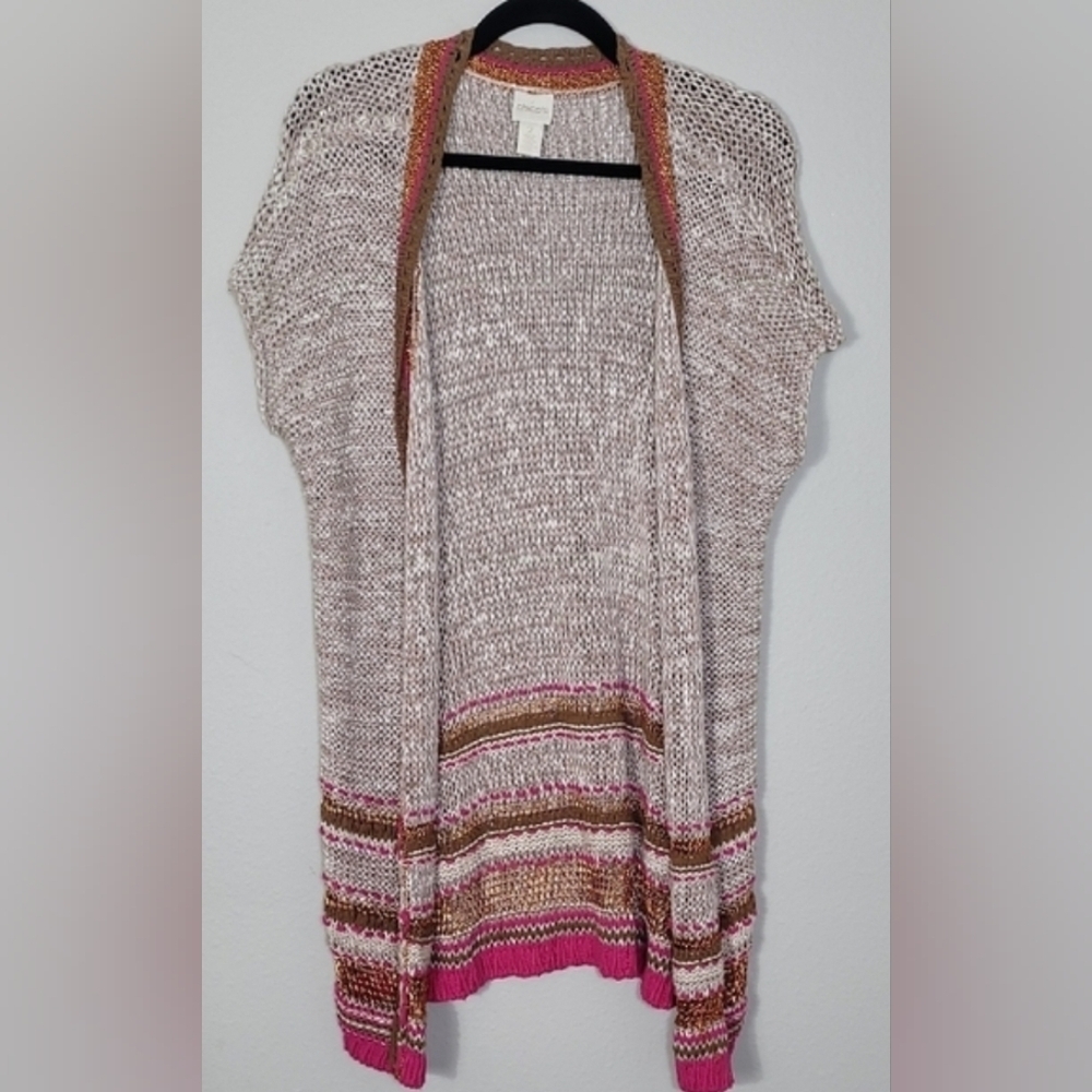 Chicos Open Knit Crochet Longline Cardigan Duster Size 2/Medium Large Metallic